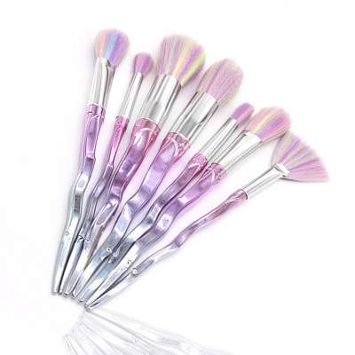 Acrylic Gradient Handle Rainbow Hair Cosmetics Tool Fan Makeup Brush Set