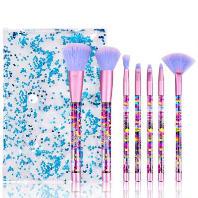 7Pcs Diamond Glitter Liquid Flow Handle Fan Lip Pink Makeup Brush Set With Pvc Cosmetic Bag