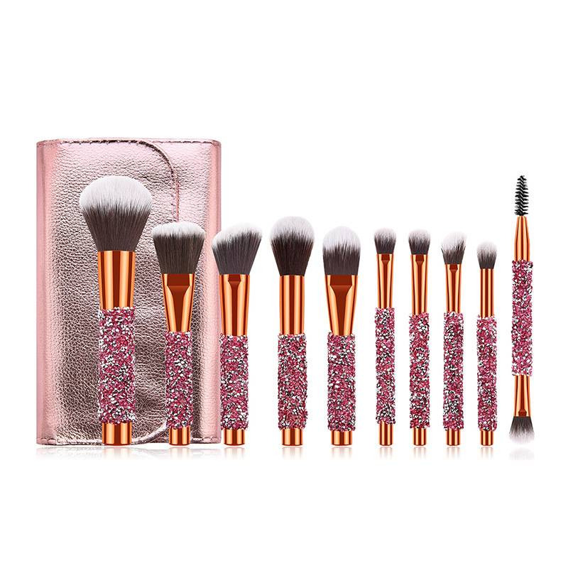 10Pcs Red Glitter Crystal Rhinestone Handle Holder Makeup Brush Set With Leather Bag