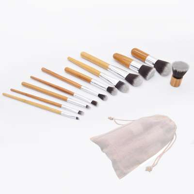 11Pcs/Set Professional Kabuki Bamboo Blush Foundation Makeup Brush Set With Burlap Bag